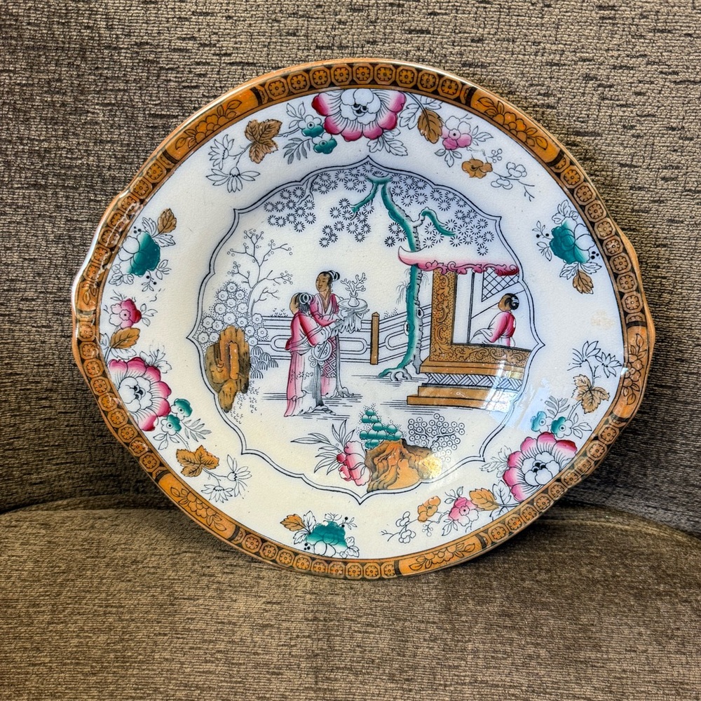 Antique Bates Walker & Co. Asian “Tea House” Handled Cake Plate Serving Platter
